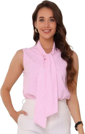 Allegra K Sleeveless Striped Blouses for Women's Tie Neck Casual Tank Tops Shirts Work