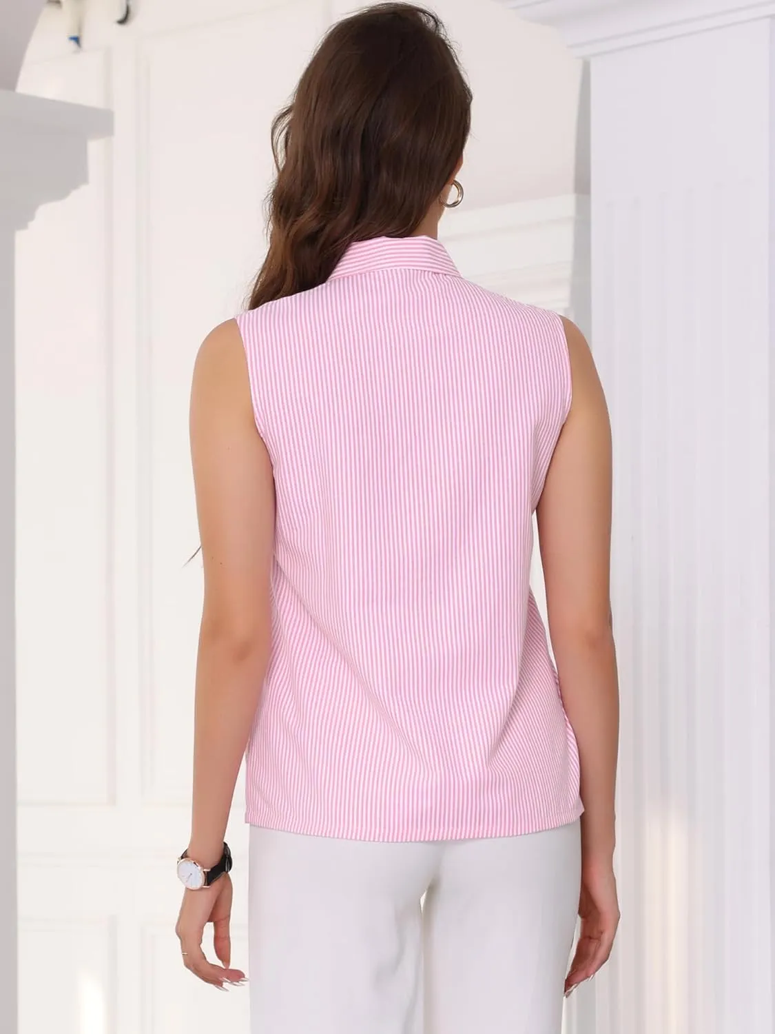 Allegra K Sleeveless Striped Blouses for Women's Tie Neck Casual Tank Tops Shirts Work