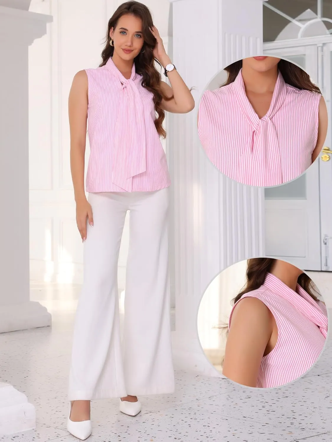 Allegra K Sleeveless Striped Blouses for Women's Tie Neck Casual Tank Tops Shirts Work