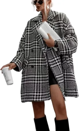 CHARTOU Womens Oversized Blazed Collar Double Breasted Overcoat Thick Plaid Pea Coat Jacket Long Trench Coat
