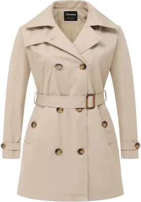 Chrisuno Women's Plus Size Double Breasted Trench Coats Mid-Length Belted Overcoat Dress Jacket with Detachable Hood
