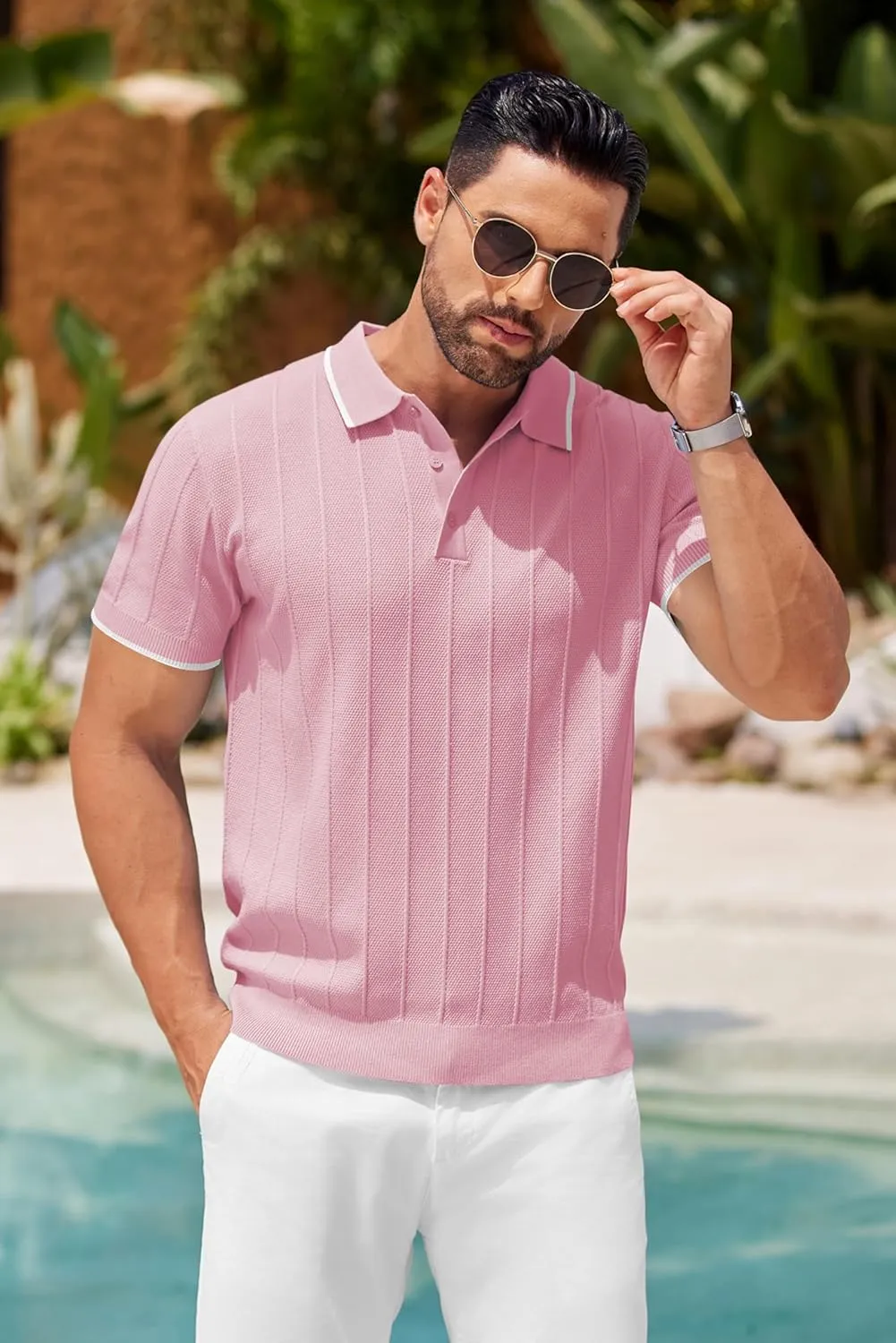 COOFANDY Mens Knit Polo Shirts Short Sleeve Ribbed Textured Polo Shirt Lightweight Casual Golf Shirts Collared T Shirt
