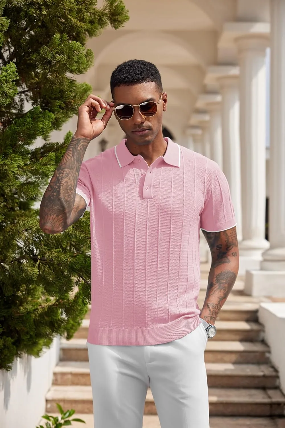 COOFANDY Mens Knit Polo Shirts Short Sleeve Ribbed Textured Polo Shirt Lightweight Casual Golf Shirts Collared T Shirt