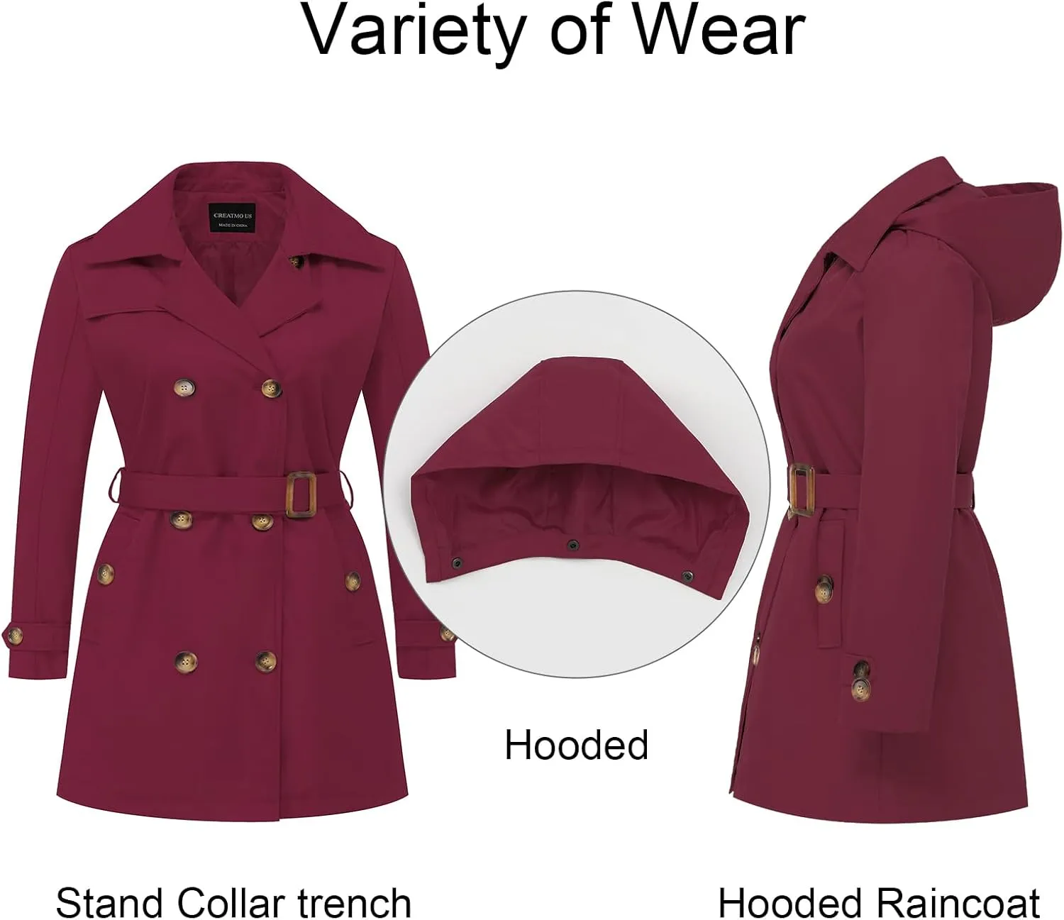 CREATMO US Women's Plus Size Trench Coat Double-Breasted Classic Lapel Overcoat Belted Outerwear Coat with Detachable Hood