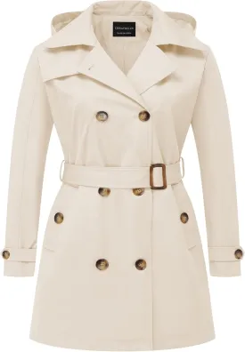 CREATMO US Women's Plus Size Trench Coat Double-Breasted Classic Lapel Overcoat Belted Outerwear Coat with Detachable Hood