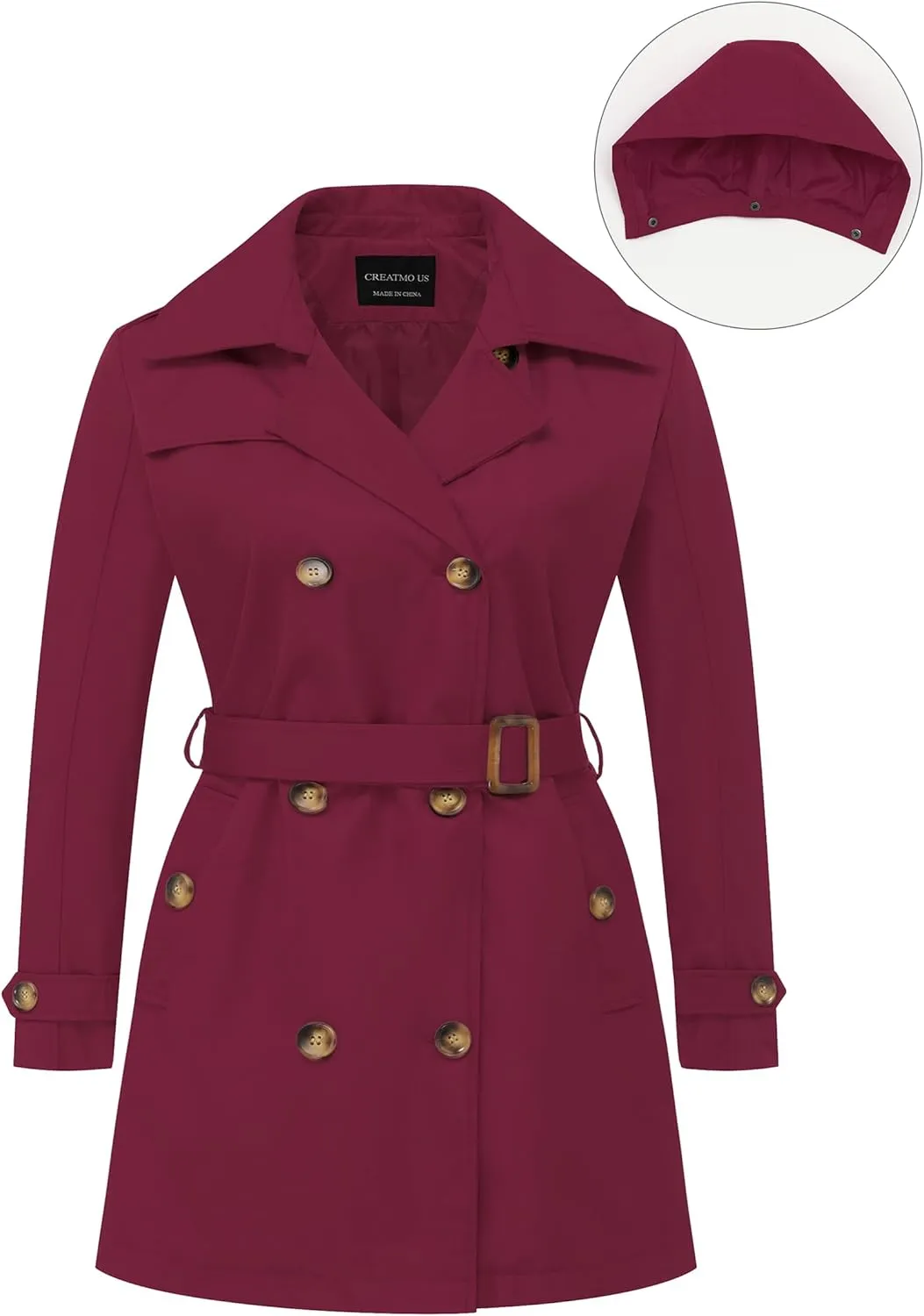 CREATMO US Women's Plus Size Trench Coat Double-Breasted Classic Lapel Overcoat Belted Outerwear Coat with Detachable Hood