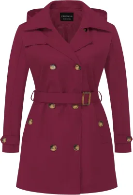 CREATMO US Women's Plus Size Trench Coat Double-Breasted Classic Lapel Overcoat Belted Outerwear Coat with Detachable Hood