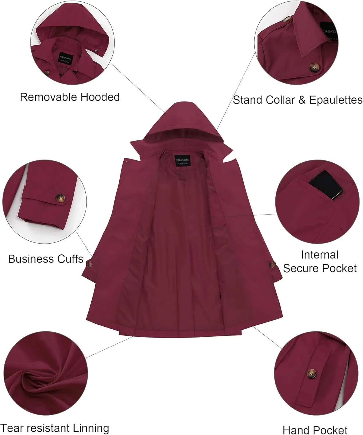 CREATMO US Women's Plus Size Trench Coat Double-Breasted Classic Lapel Overcoat Belted Outerwear Coat with Detachable Hood