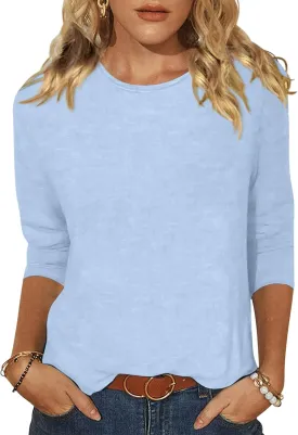 EADINVE Women's Casual 3/4 Sleeve T-Shirts Round Neck Cute Tunic Tops Basic Tees Blouses Loose Fit Pullover