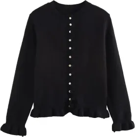 FindThy Womens Cropped Cardigan Sweater Trendy Crewneck Ruffle Long Sleeve Button Down Knitwear Tops