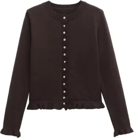 FindThy Womens Cropped Cardigan Sweater Trendy Crewneck Ruffle Long Sleeve Button Down Knitwear Tops