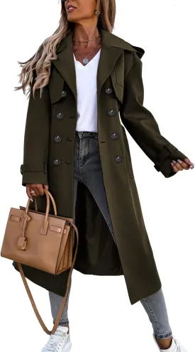 Fisoew Women's Double Breasted Long Trench Coat Windproof Classic Lapel Belted Overcoat with Pockets