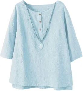 FTCayanz Women's Linen Tops Shirts Summer Casual Jacquard Tunic Blouse