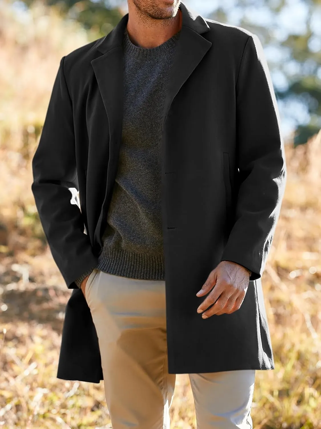 Gafeng Men's Trench Coat Slim Fit Notch Lapel Single Breasted Top Coat Winter Warm Cotton Business Long Jacket Overcoat