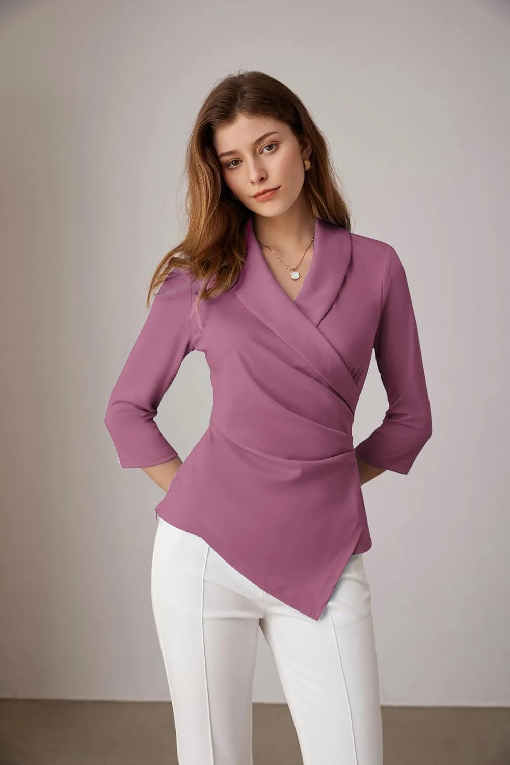 GRACE KARIN Women's V Neck Casual Work Tops 3/4 Sleeve Office Dressy Blouse Asymmetrical Elegant Shirts