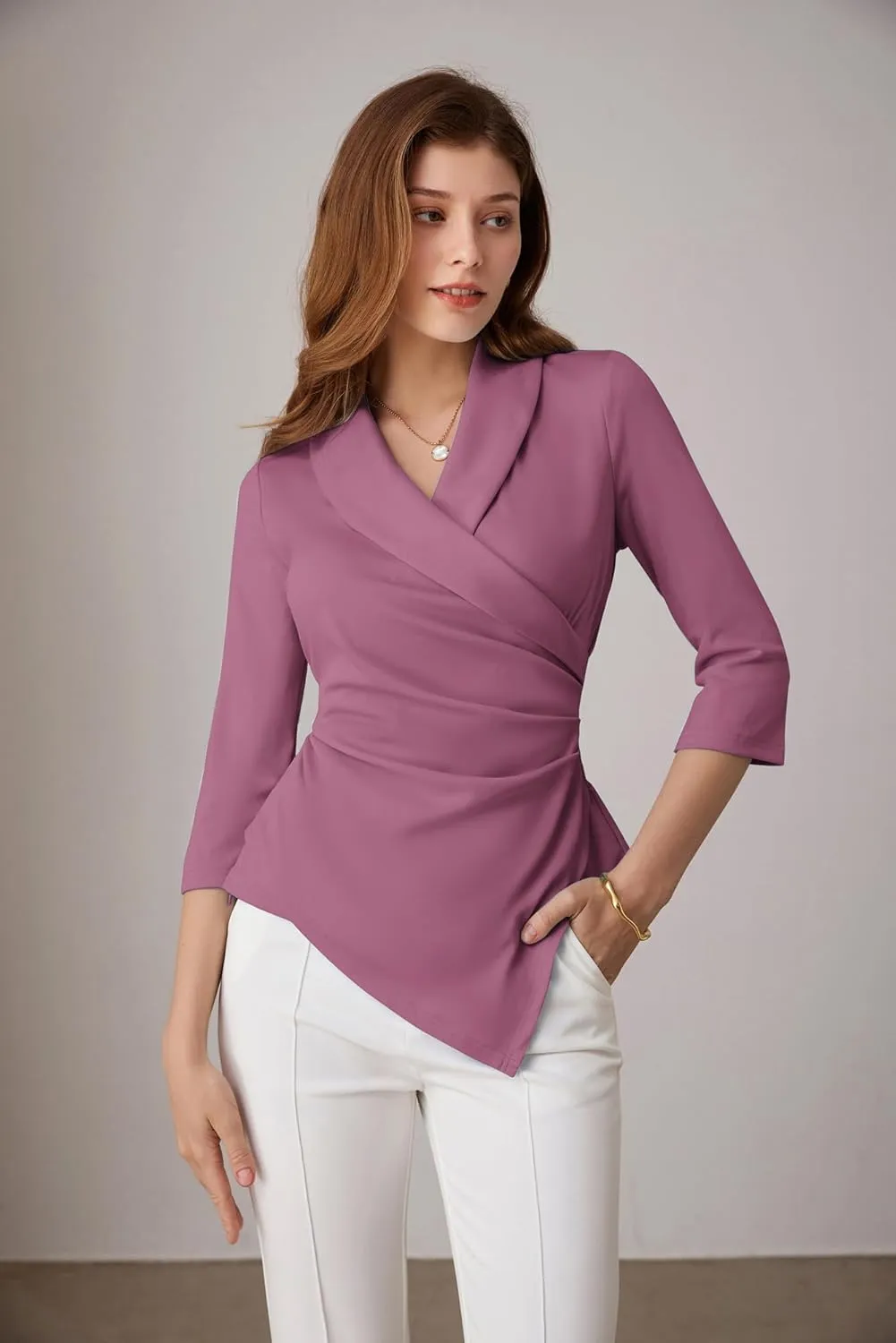 GRACE KARIN Women's V Neck Casual Work Tops 3/4 Sleeve Office Dressy Blouse Asymmetrical Elegant Shirts