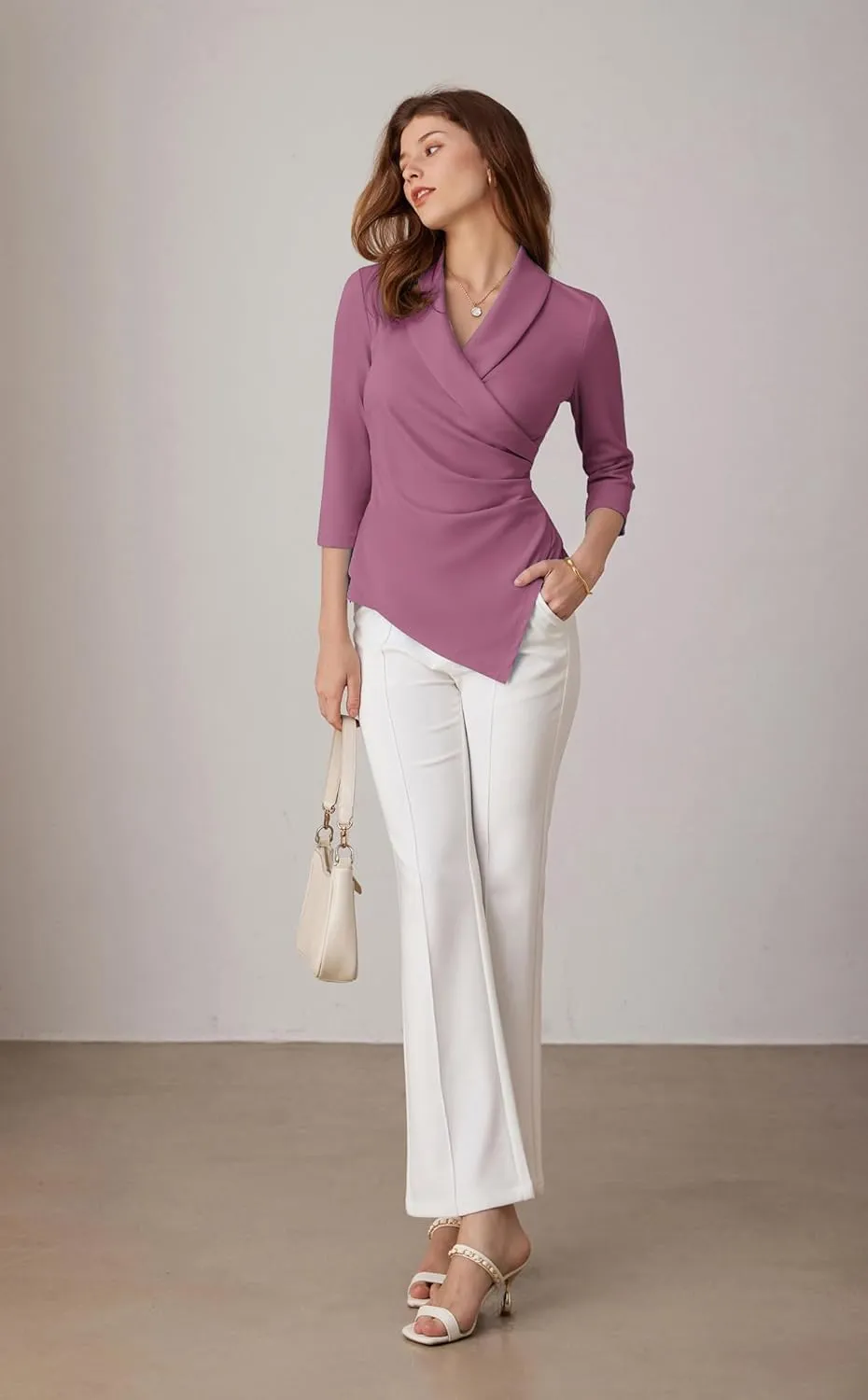 GRACE KARIN Women's V Neck Casual Work Tops 3/4 Sleeve Office Dressy Blouse Asymmetrical Elegant Shirts