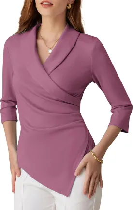 GRACE KARIN Women's V Neck Casual Work Tops 3/4 Sleeve Office Dressy Blouse Asymmetrical Elegant Shirts