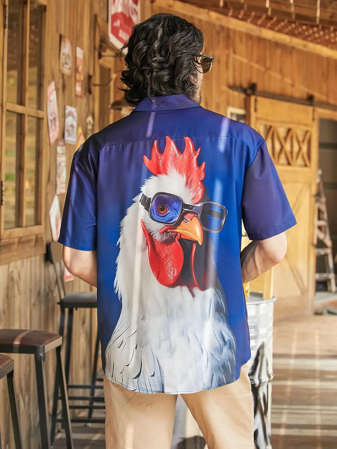 Hardaddy Men's Gongfu Rooster Chest Pocket Printed Short Sleeve Button Down Summer Casual Shirt