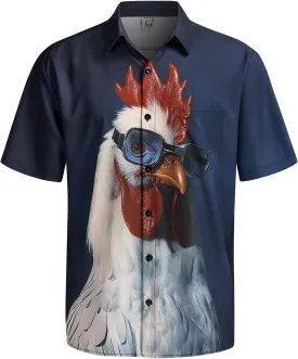 Hardaddy Men's Gongfu Rooster Chest Pocket Printed Short Sleeve Button Down Summer Casual Shirt