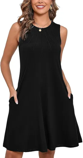 Heymoments Women's Summer Sleeveless Crew Neck Midi Dresses Casual Loose Fitted Tank Sundress with Pockets