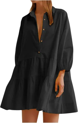 HGps8w Womens Long Sleeve Babydoll Dresses Chic Lantern Sleeve Loose Casual A-Line Button Down Shirt Dress