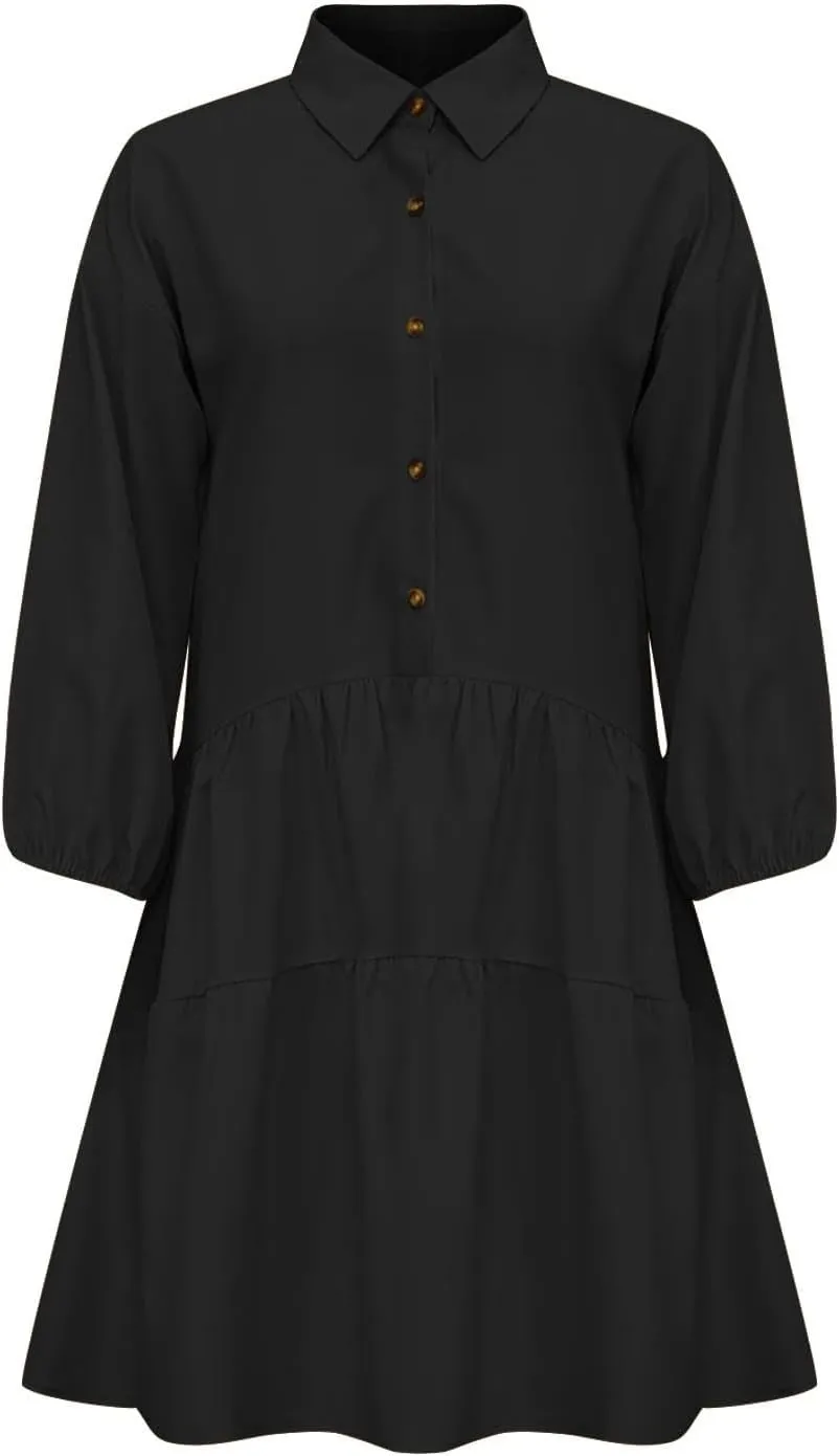 HGps8w Womens Long Sleeve Babydoll Dresses Chic Lantern Sleeve Loose Casual A-Line Button Down Shirt Dress