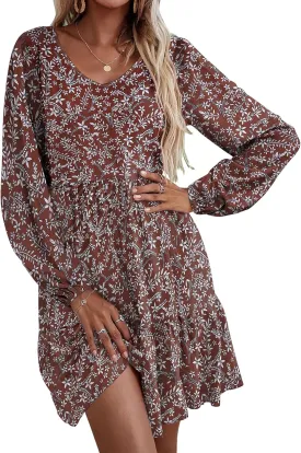 HOTOUCH Womens Casual A Line Dress V Neck Tiered Long Sleeve Fit Swing Dress with Pockets Loose Ruffled Dresses