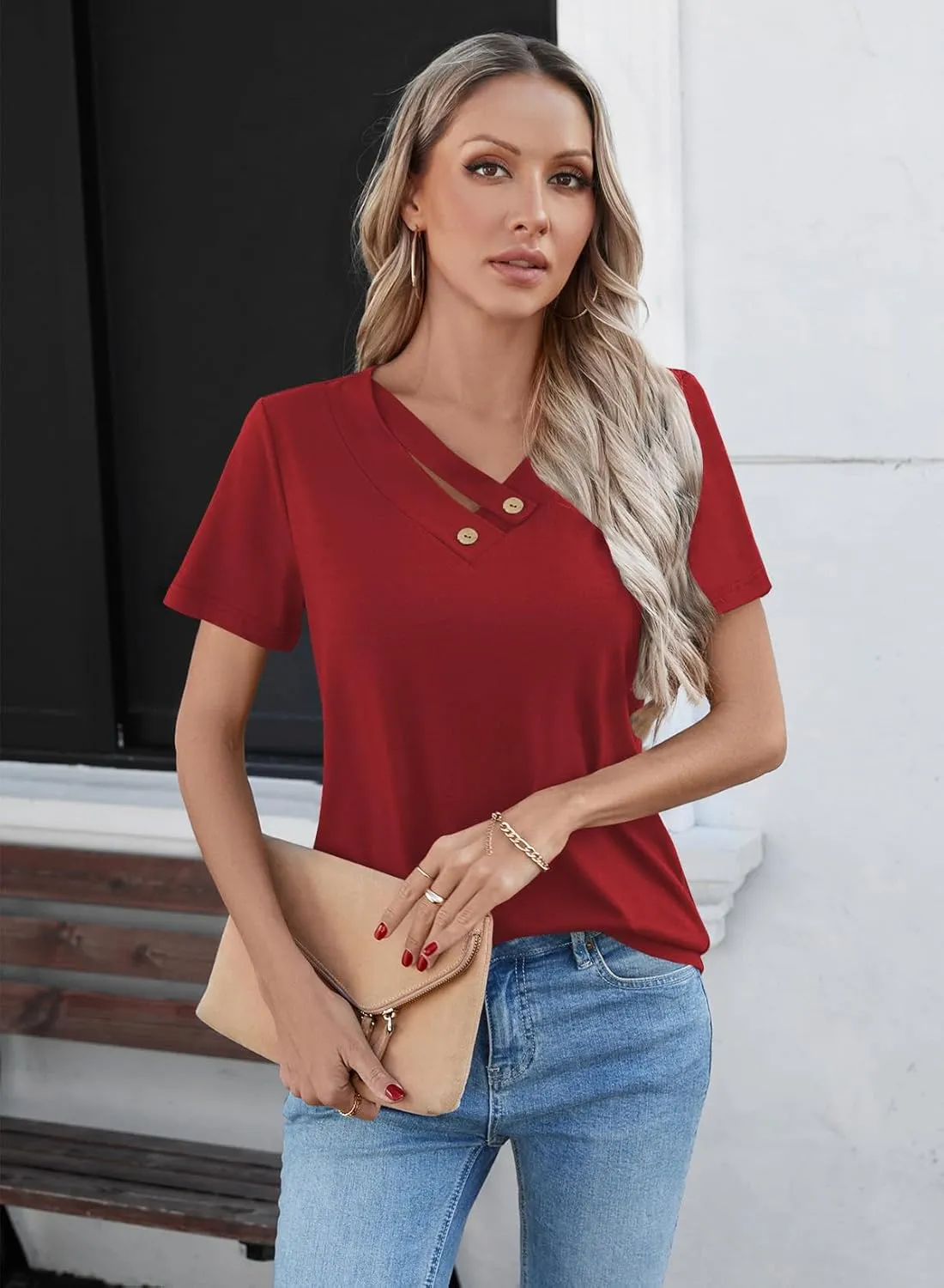 LOLONG Womens Short Sleeve V Neck T Shirts Summer 2025 Casual Basic Work Tops