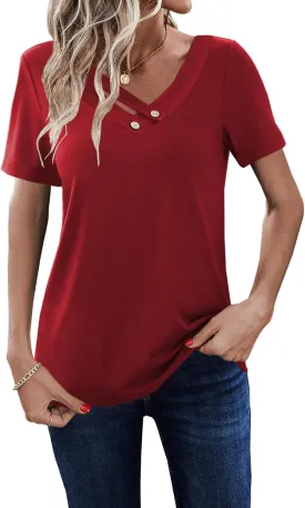 LOLONG Womens Short Sleeve V Neck T Shirts Summer 2025 Casual Basic Work Tops