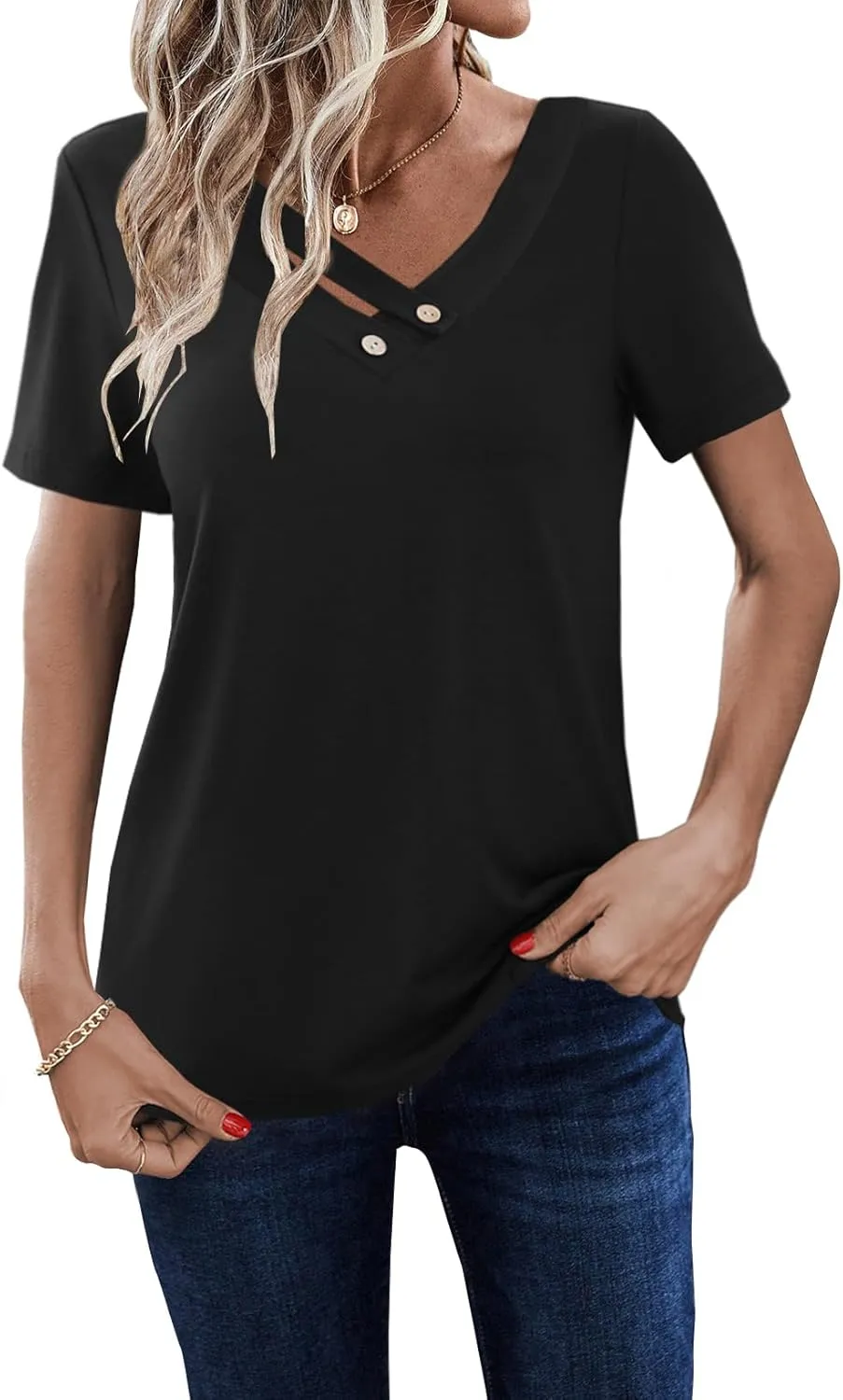 LOLONG Womens Short Sleeve V Neck T Shirts Summer 2025 Casual Basic Work Tops