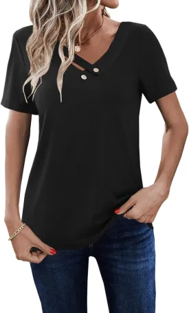 LOLONG Womens Short Sleeve V Neck T Shirts Summer 2025 Casual Basic Work Tops