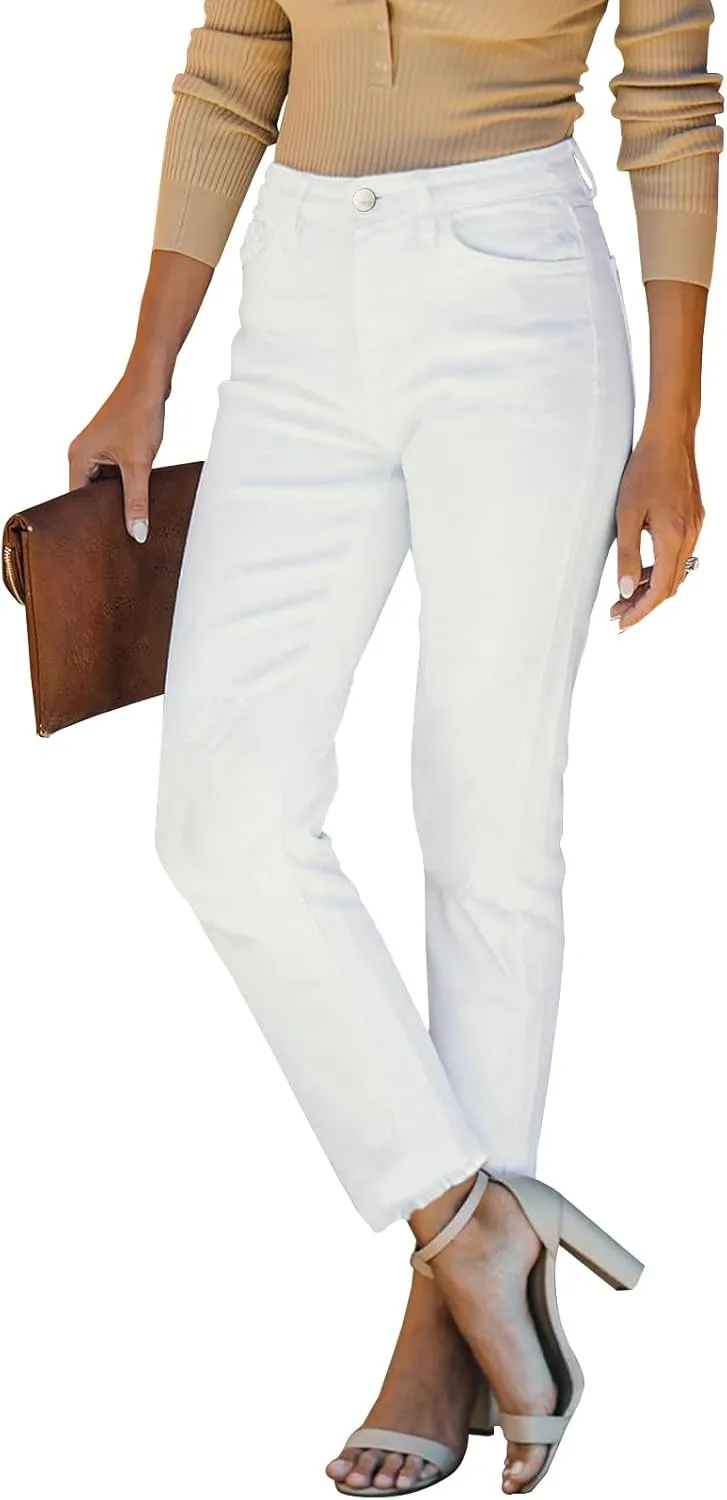 LONGBIDA High Waisted Jeans for Women Strechy Trendy Straight Leg Raw Hem Denim Pants