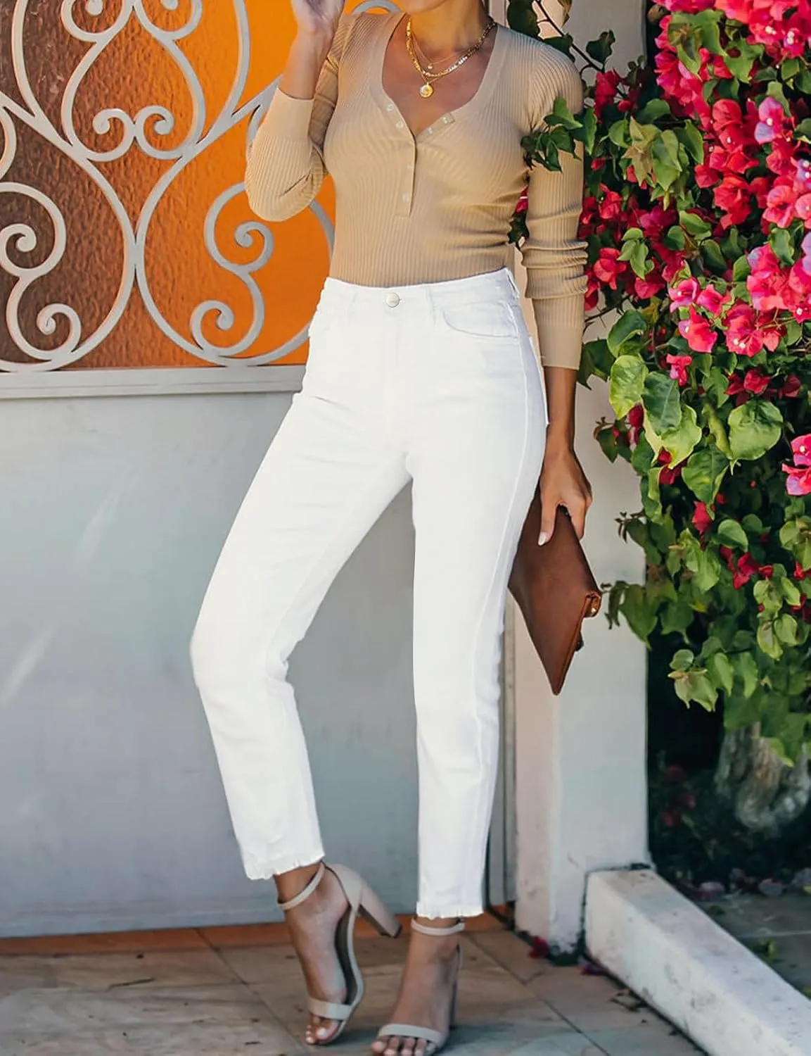 LONGBIDA High Waisted Jeans for Women Strechy Trendy Straight Leg Raw Hem Denim Pants