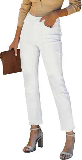 LONGBIDA High Waisted Jeans for Women Strechy Trendy Straight Leg Raw Hem Denim Pants