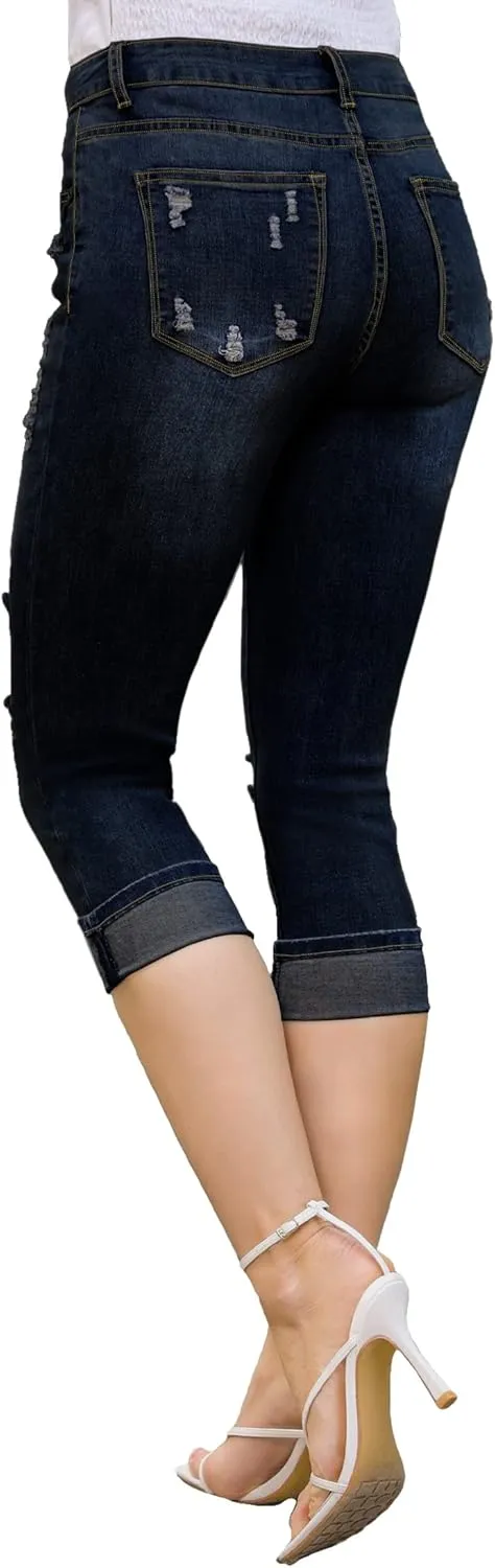 luvamia Capri Jeans for Women Stretch High Waisted Distressed Denim Capris Ripped Skinny Cropped Pants