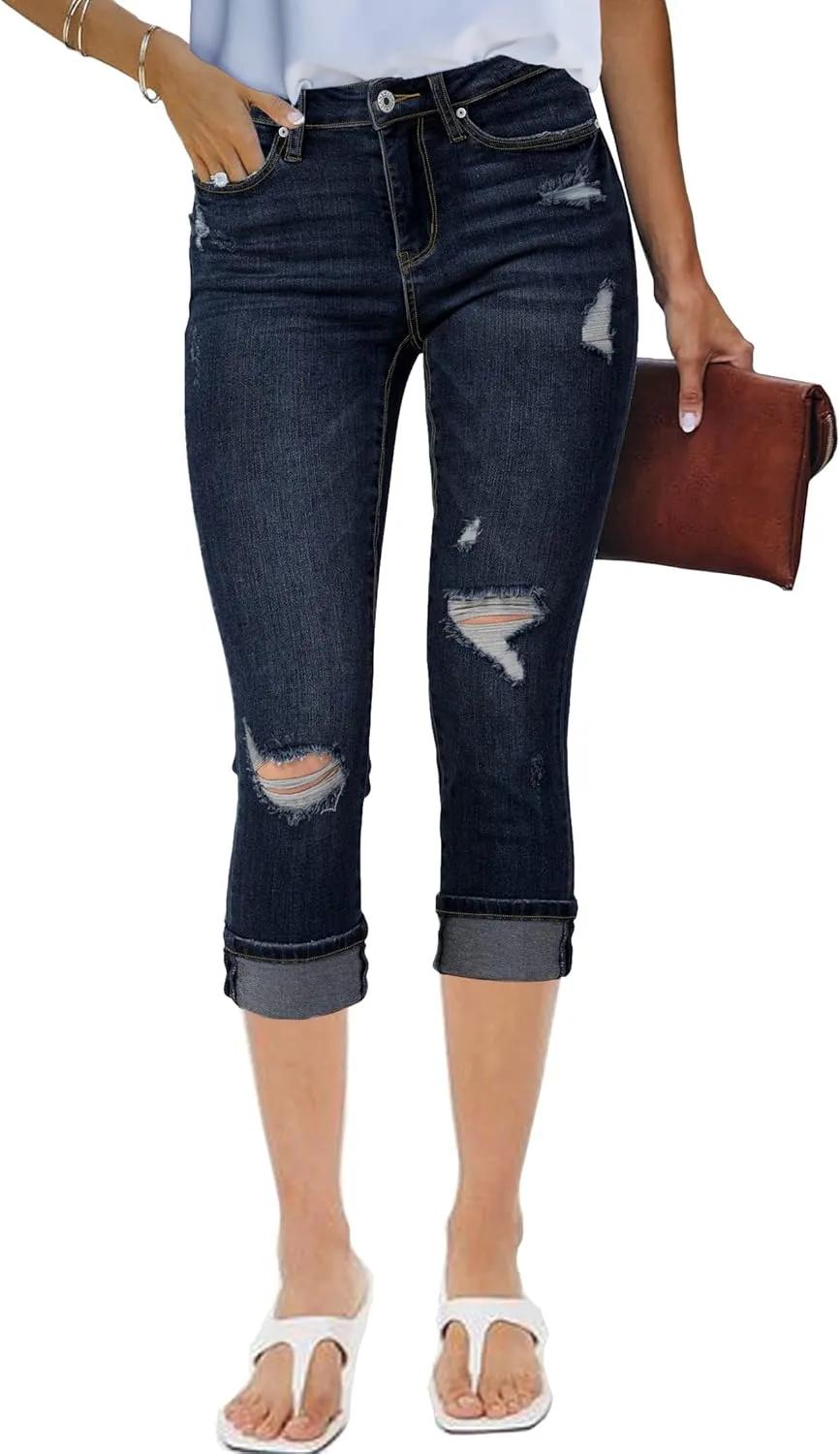 luvamia Capri Jeans for Women Stretch High Waisted Distressed Denim Capris Ripped Skinny Cropped Pants
