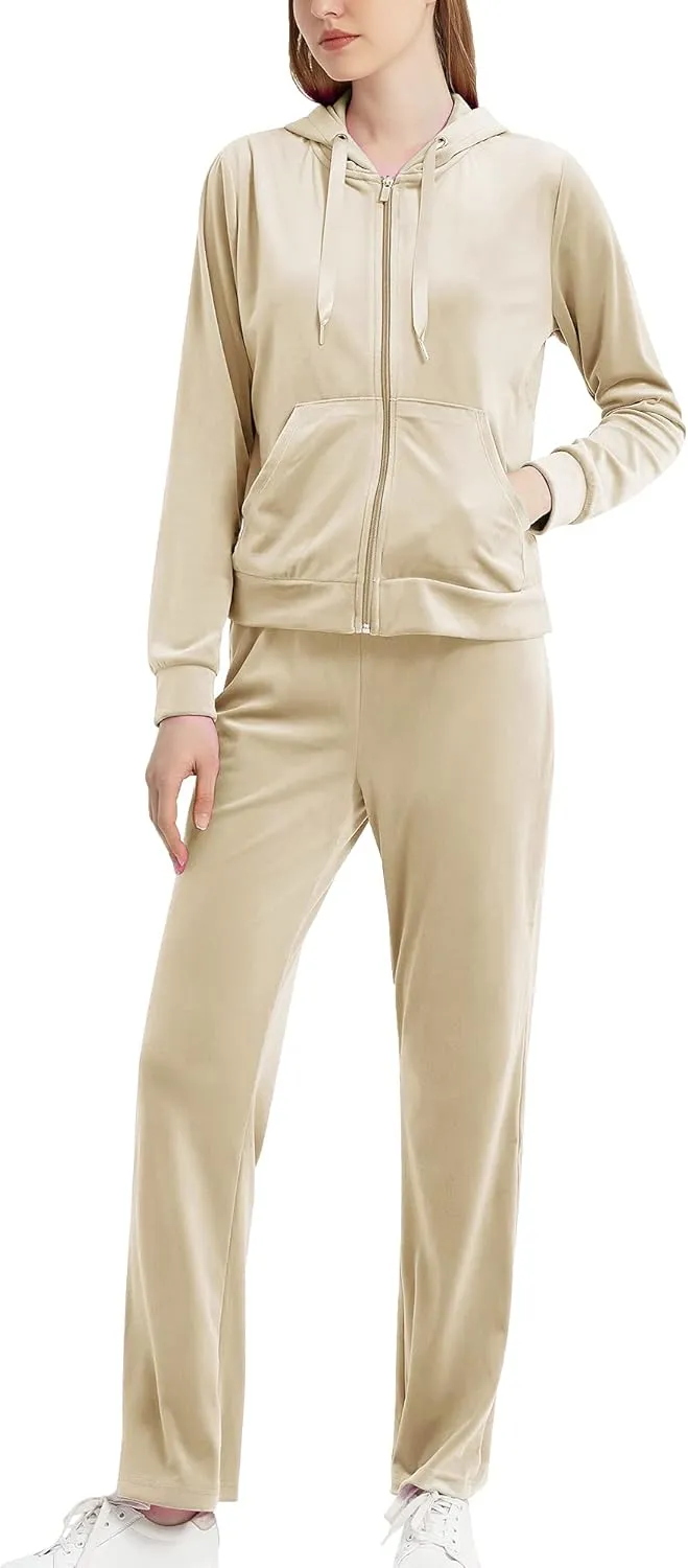 MessBebe Womens Velour Tracksuits Set Long Sleeve Sweatsuits 2 Piece Sports Outfit Zip Hoodie Sweatpants Joggers Set