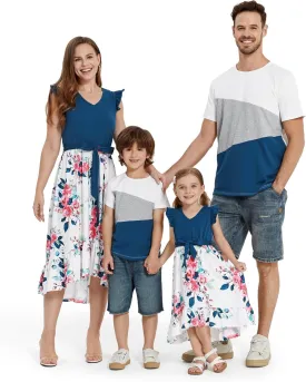 PATPAT Family Matching Outfits Summer Beach Tropical Holiday Ruffle Sleeve Mommy and Me Dresses and T-Shirts Sets