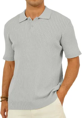 Percle Men's Knit Polo Shirts Casual Golf Polo Short Sleeve Textured V-Neck Summer Vintage Shirts