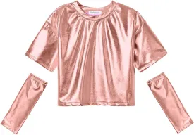 Perfashion Girls Metallic Shirts with Arm Sleeves, Shiny Crop Top for Dancing, Raves, Festivals, Costumes 4-15 Years