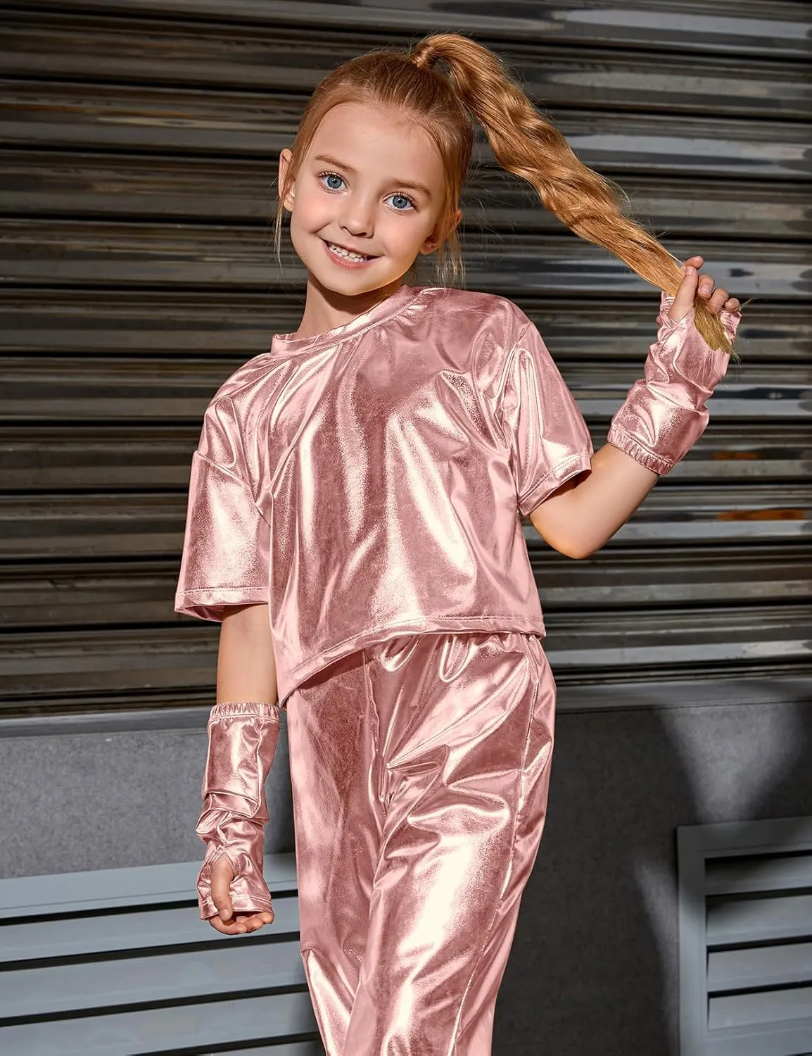 Perfashion Girls Metallic Shirts with Arm Sleeves, Shiny Crop Top for Dancing, Raves, Festivals, Costumes 4-15 Years
