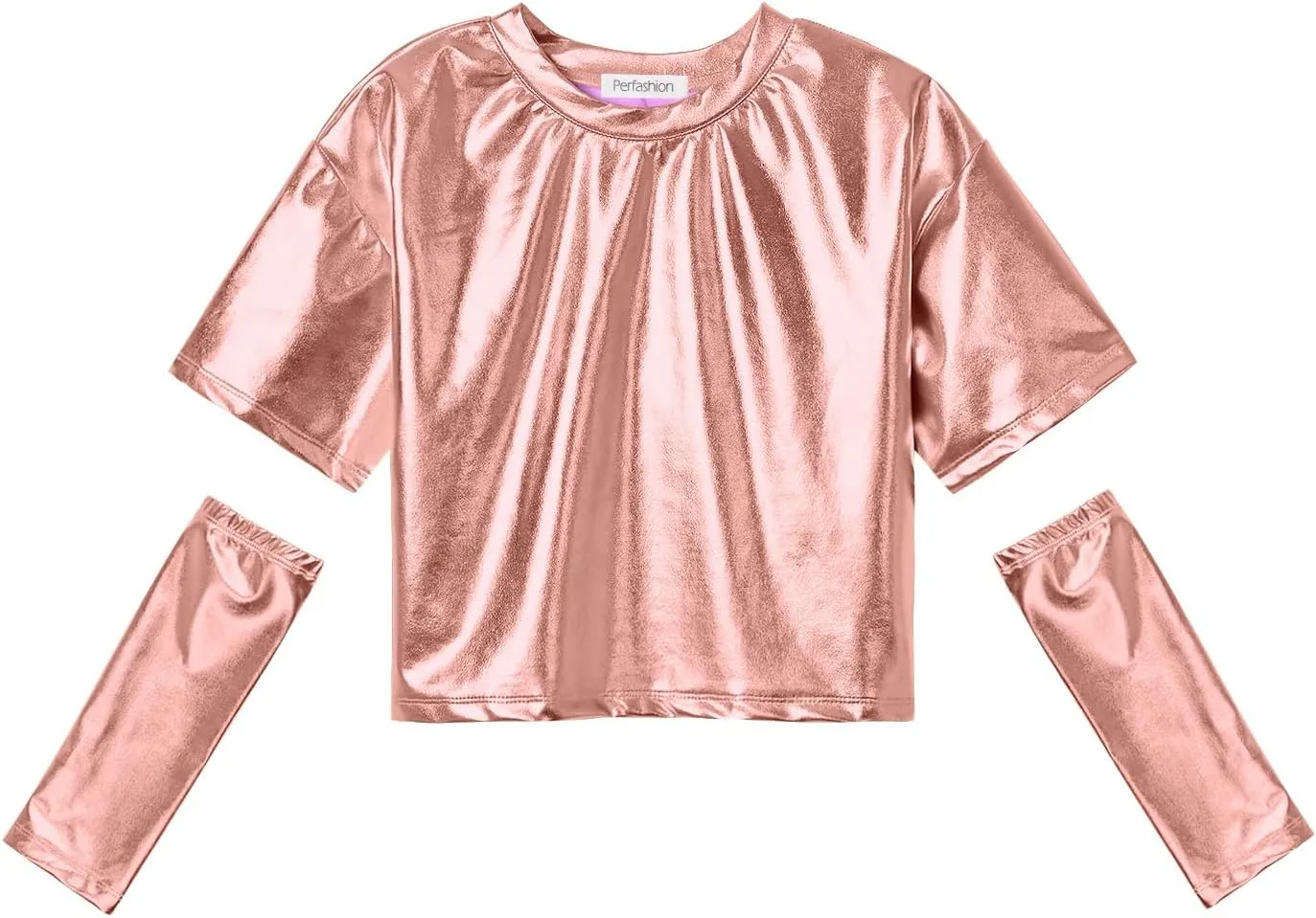 Perfashion Girls Metallic Shirts with Arm Sleeves, Shiny Crop Top for Dancing, Raves, Festivals, Costumes 4-15 Years
