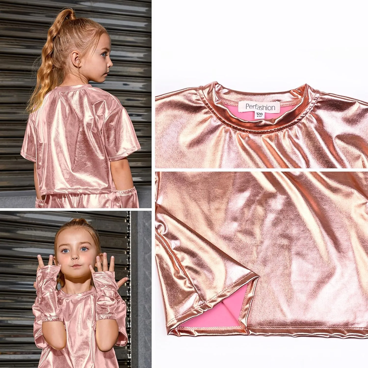 Perfashion Girls Metallic Shirts with Arm Sleeves, Shiny Crop Top for Dancing, Raves, Festivals, Costumes 4-15 Years