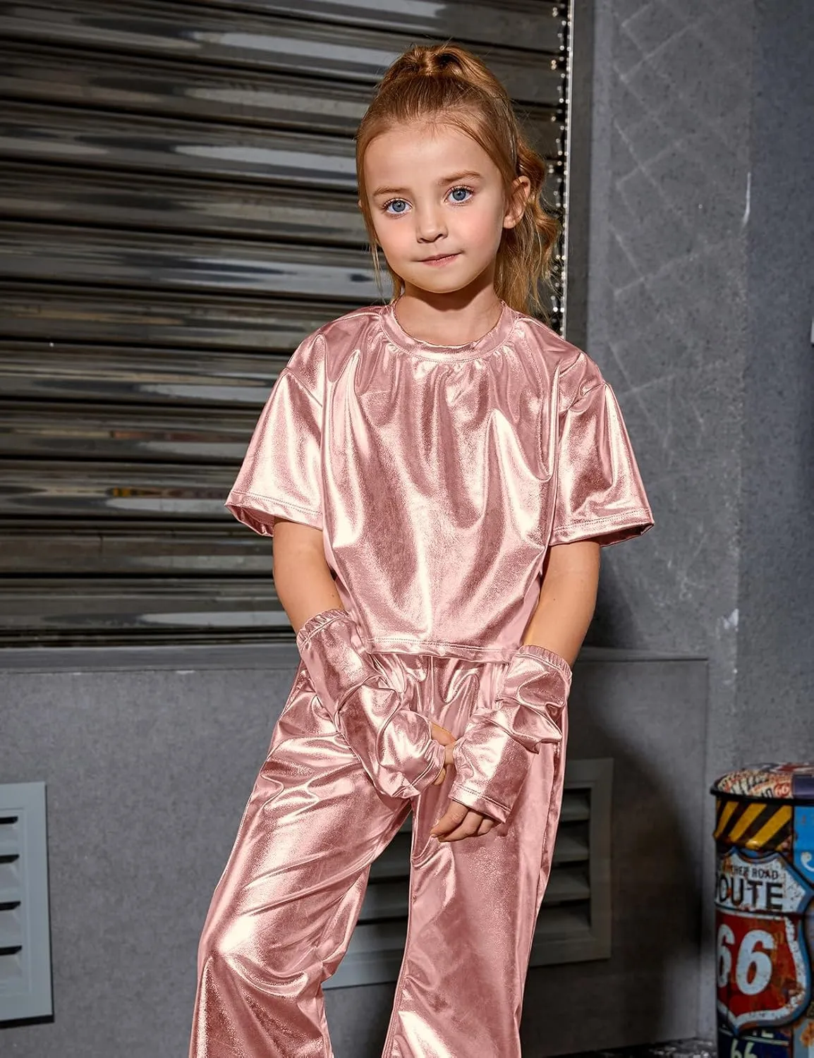 Perfashion Girls Metallic Shirts with Arm Sleeves, Shiny Crop Top for Dancing, Raves, Festivals, Costumes 4-15 Years