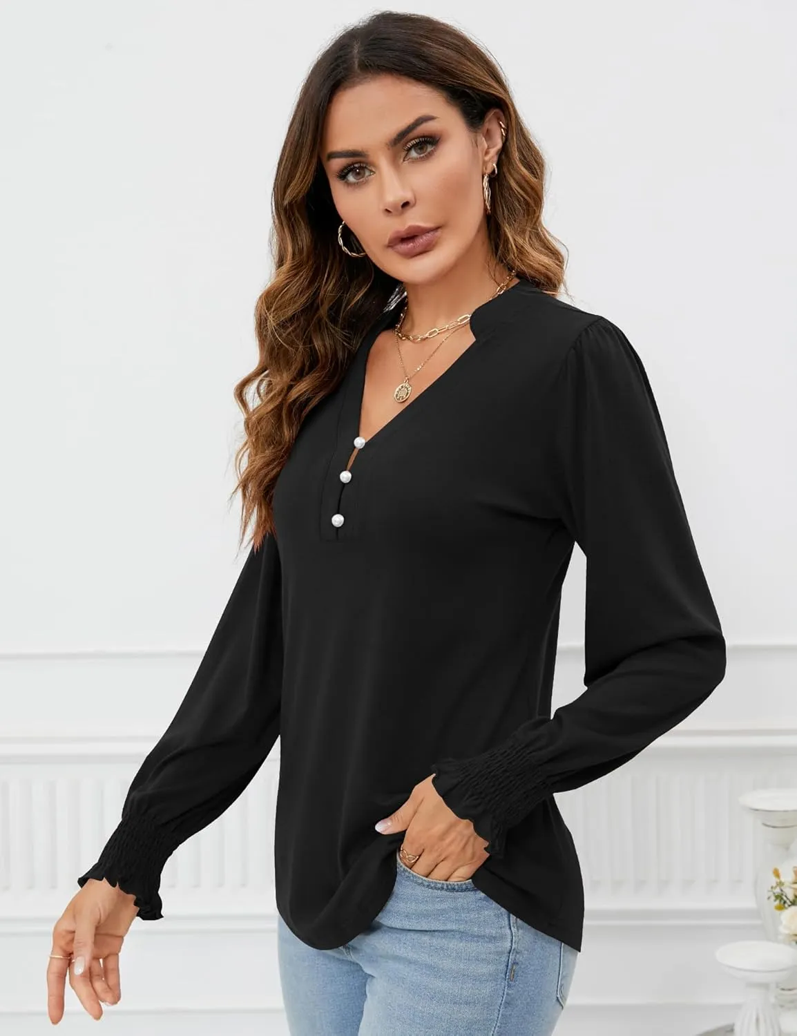 Rapbin Womens V Neck Puff Long Sleeve Button Down Tunic Blouses Fall Tops 2024 Ruffle Cuffs Dressy Casual T-Shirts