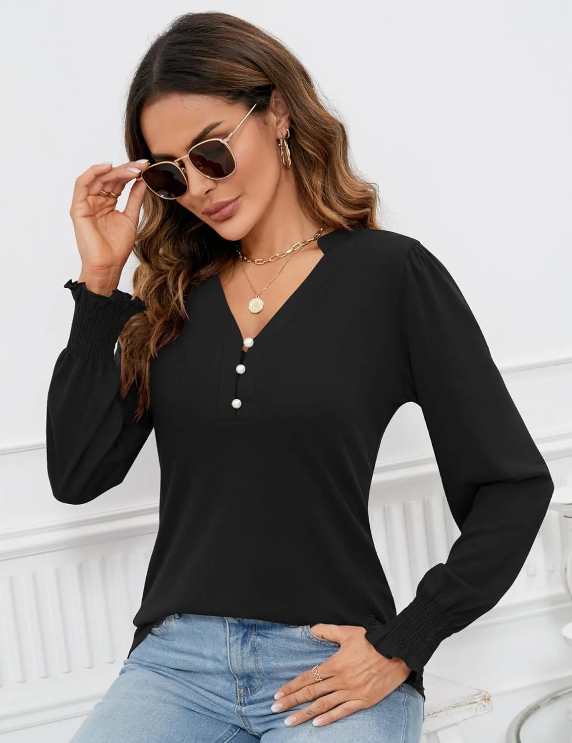 Rapbin Womens V Neck Puff Long Sleeve Button Down Tunic Blouses Fall Tops 2024 Ruffle Cuffs Dressy Casual T-Shirts