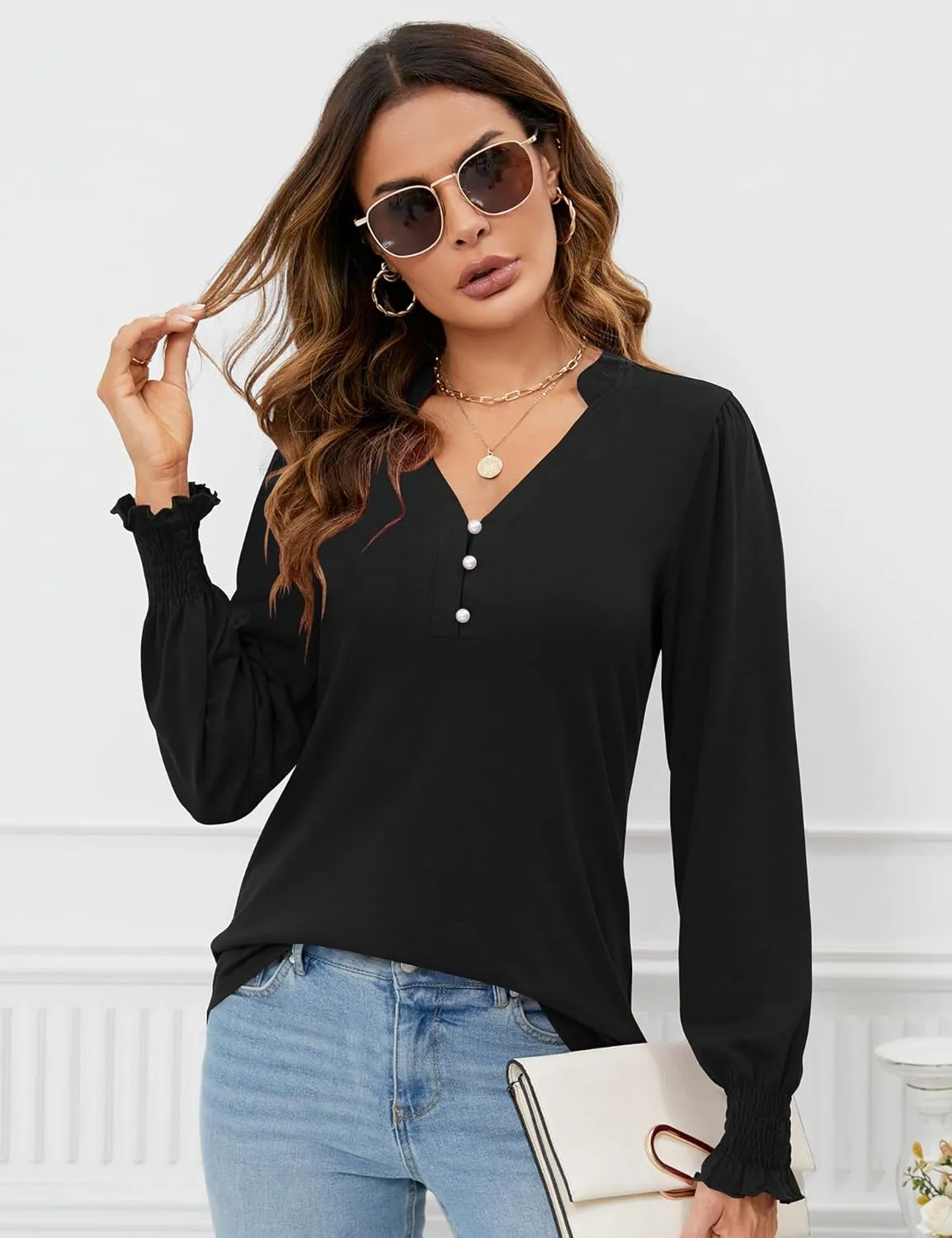 Rapbin Womens V Neck Puff Long Sleeve Button Down Tunic Blouses Fall Tops 2024 Ruffle Cuffs Dressy Casual T-Shirts