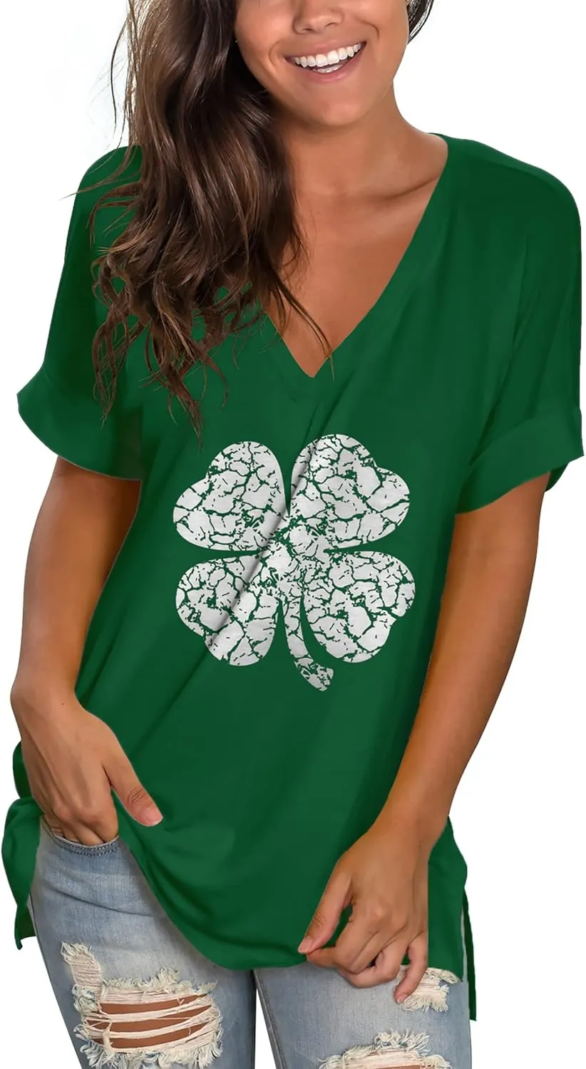SAMPEEL Women's V Neck T Shirts Casual Rolled Short Sleeve Side Split Summer Tops Loose Fit