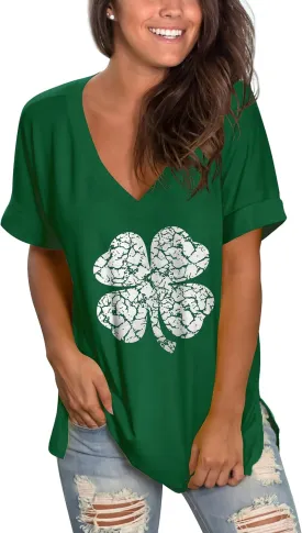 SAMPEEL Women's V Neck T Shirts Casual Rolled Short Sleeve Side Split Summer Tops Loose Fit